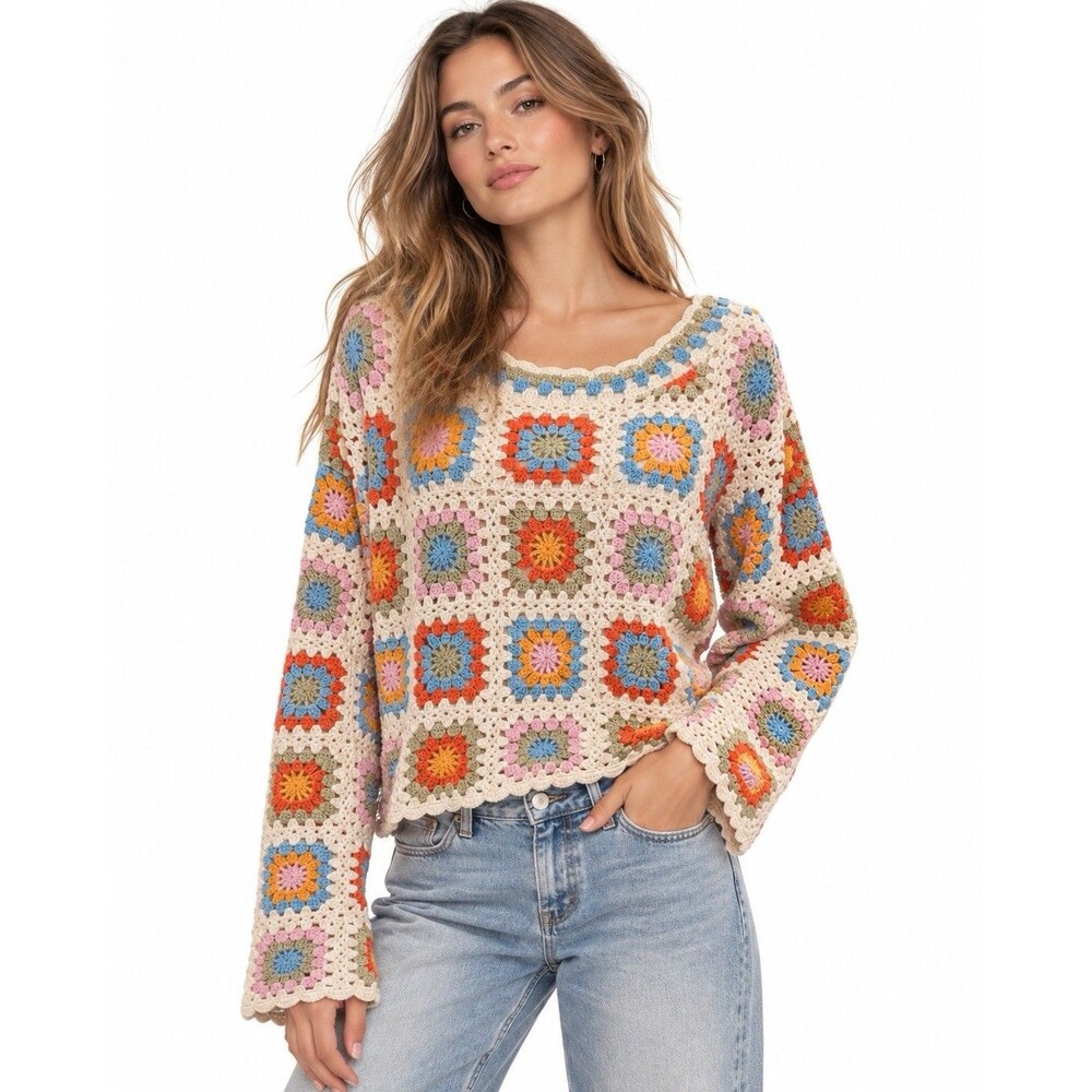 Sincerely Jules Sweater Womens Large Crochet Granny Square Floral Boho Cropped